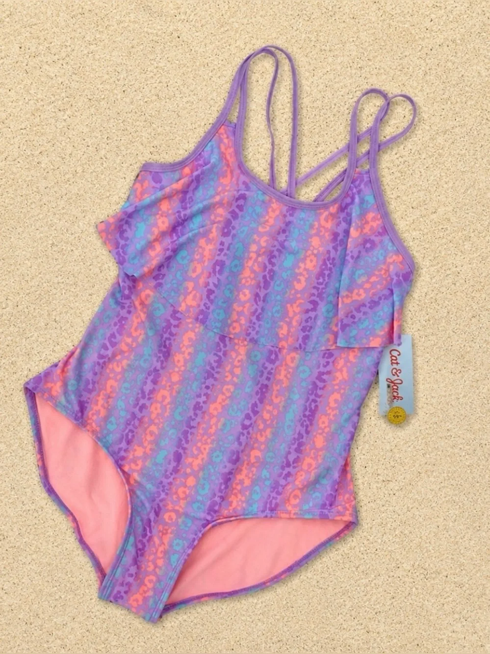 Cat & Jack XL Plus Purple Pink Leopard Ruffle One Piece Swimsuit UPF 50+ NWT